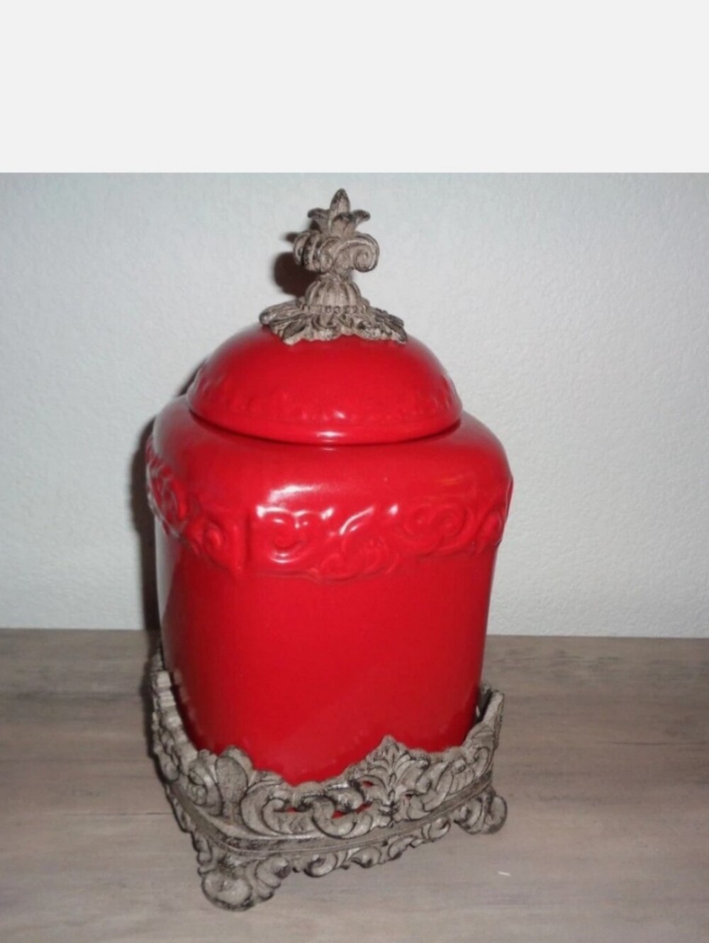 Drake Red Canister With Caddy Fleur Des Li.  9 Inches Tall